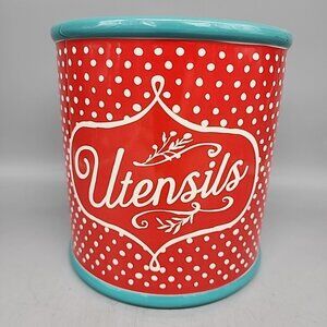 The Pioneer Woman Polka Dot Utensil Crock Red/Teal Utensil Holder Stoneware 7”